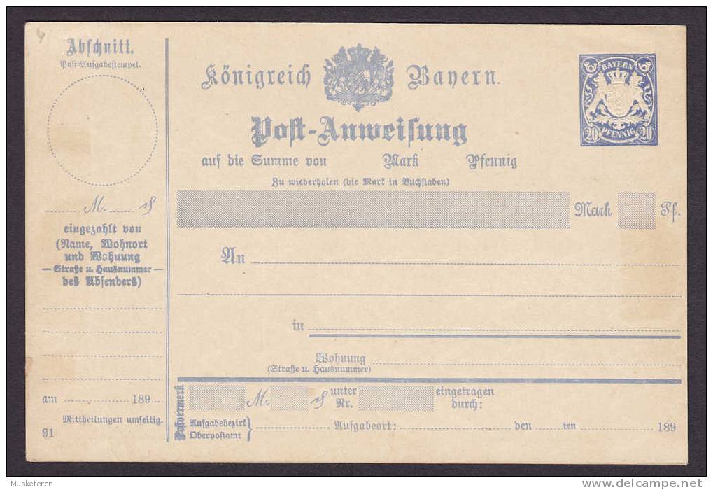 Bayern Postal Stationery Ganzsache Entier Post-Anweisung 1891 Type I (2 Scans) - Postal  Stationery