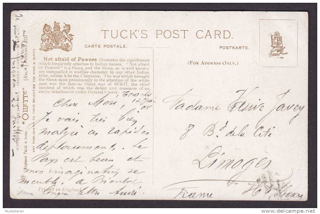 Canada Front Side Stamp PPC Chief "Not Afraid" Of Pawnee Sioux 1908 Oilette Tuck's Post Card Sent To France (2 Scans) - Indiaans (Noord-Amerikaans)