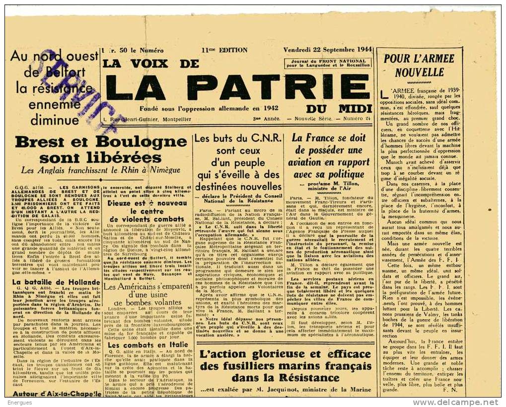 La Voix De La Patrie Du Midi,journal, II Guerre Mondiale, Libération, 1944,Montpellier,languedo C Roussillon - Autres & Non Classés