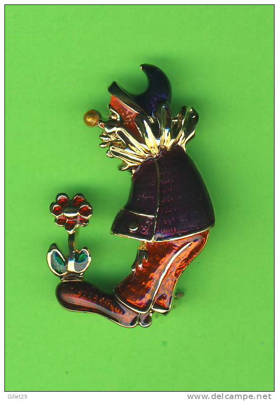 BROCHE - BIJOU -  CLOWN, ÉPINGLETTE - JOLIE FLEUR - EMAIL & PIERRE - 5 Cm - - Brooches