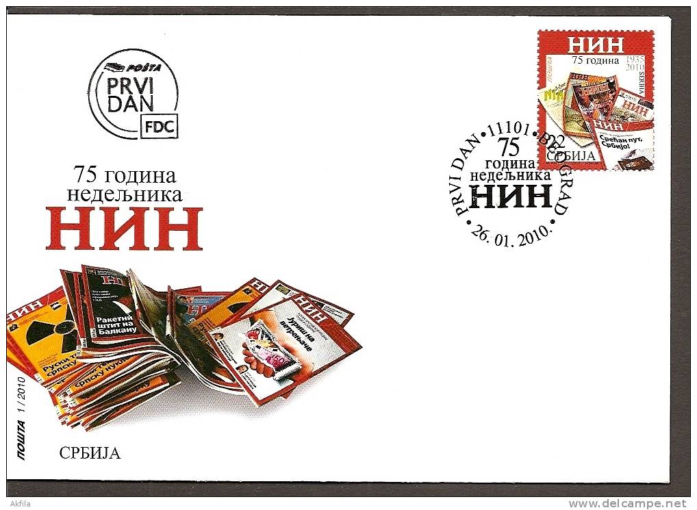 1. Serbia, 2010, 75 Years Of The Weekly Newspaper "NIN", FDC - Serbia