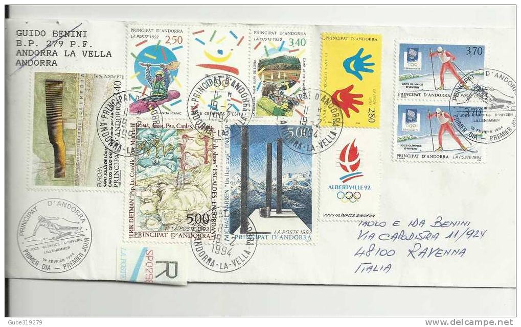 OLYMPICS  LILLEHAMMER 1994 -ANDORRA-1994- FDC WINTER GAMES LILLEHAMMER W/  2 STAMPS OF 3.70 F.FR. + SEVERAL STAMPS-FLOWN - Hiver 1994: Lillehammer