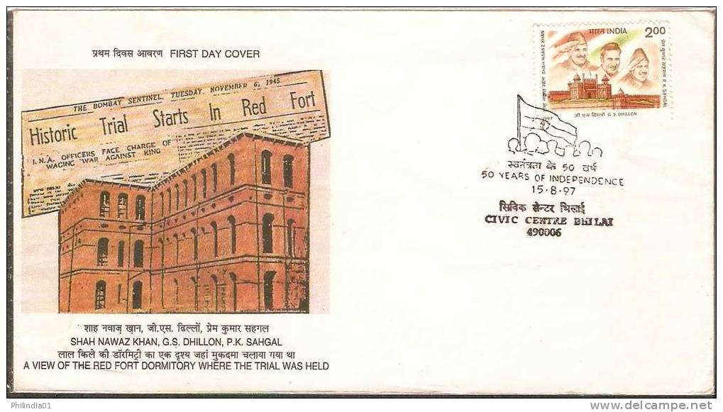 India 1997 I.N.A. Stalwarts Red Fort Flag Flag Sc 1613 FDC Inde Indien - Castles