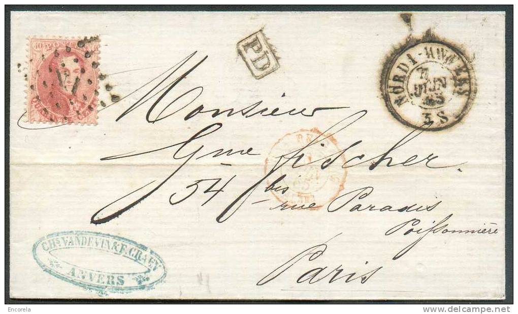N°16 - Médaillon 40 Centimes Carmin-rose Obl LP. Ambulant N.I. S/L. Du 7 Juin 1865 + Càd NORD 1- ANVERS Vers Paris.  - 6 - 1863-1864 Medallions (13/16)