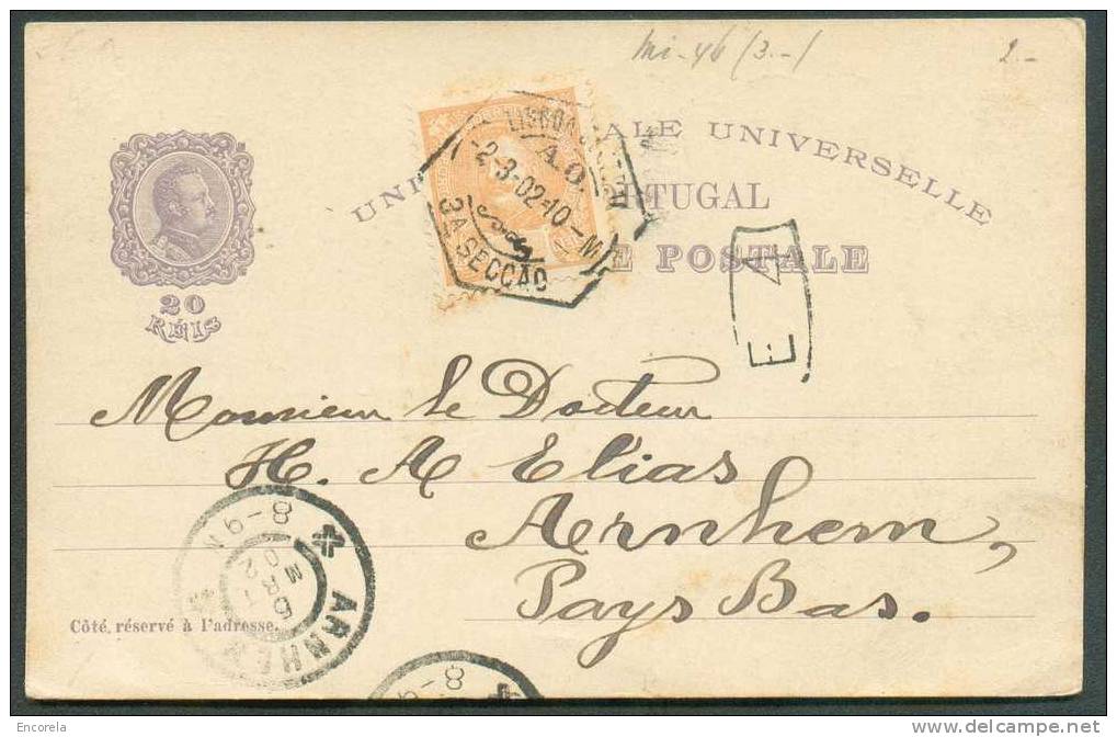 E.P. 20 Réis (verso : Centenario Da India Castello Da Pena Cintra) + Timbre De 5 Rési Obl. LISBOA CENTRAL 2/03/1902 Vers - Enteros Postales