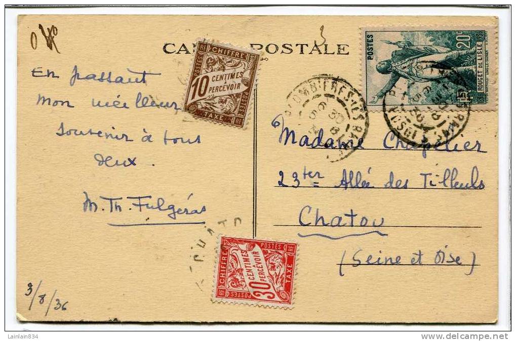 - Timbre 317 ( Dalay ) + 2 Timbres Taxes Sur Jolie Carte Des Vosges -  Taxe De 10 Et 30 Centimes, Cachets. - 1859-1959 Lettres & Documents