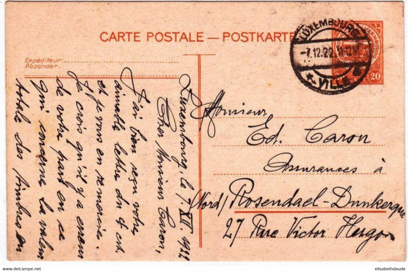 LUXEMBOURG  - 1922 - CARTE POSTALE ENTIER De LUXEMBOURG VILLE Pour ROSENDAEL DUNKERQUE (NORD) - Stamped Stationery