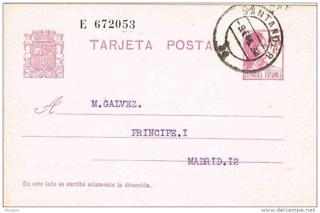 Entero Postal SANTANDER 1933. Republica - 1931-....