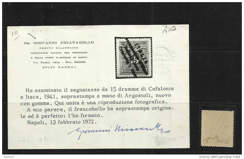 CEFALONIA E ITACA ITHACA 1941 SEGNATASSE TAXE TASSE TAX TAXES DUE 15 D MNH CERTIFICATO RARISSIMO - Cefalonia & Itaca
