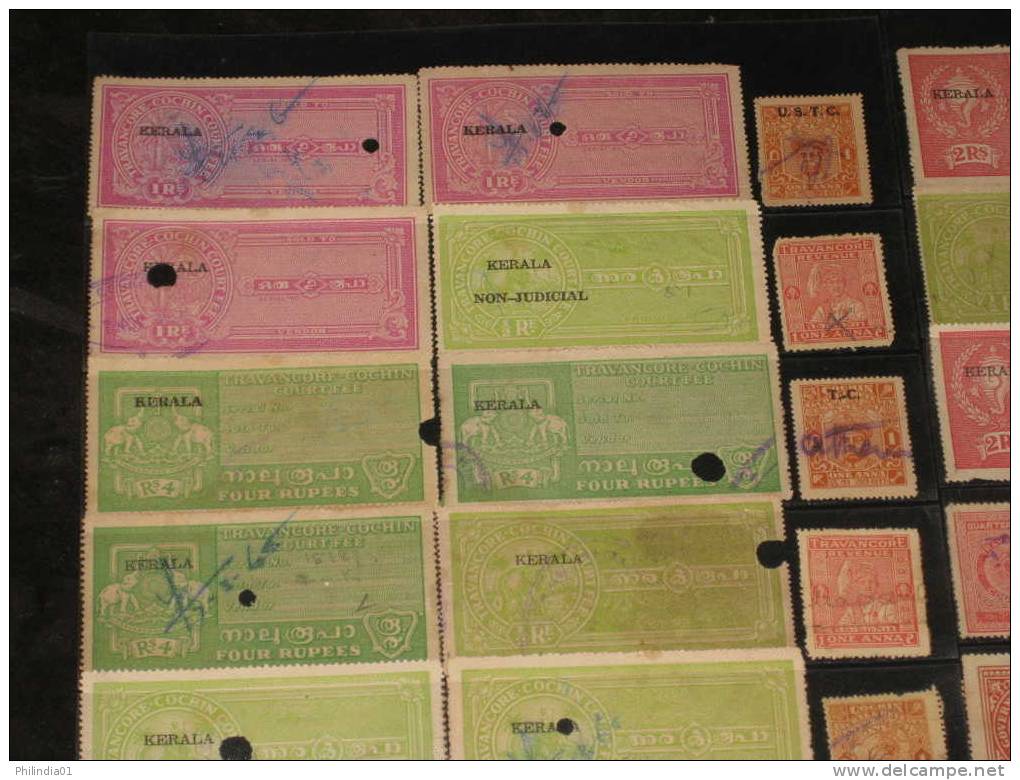 India Fiscal 94 Different Cochin Travancore Kerala State Court Fee & Revenue Stamps Diff Perforation Shade Inde Indien - Cochin