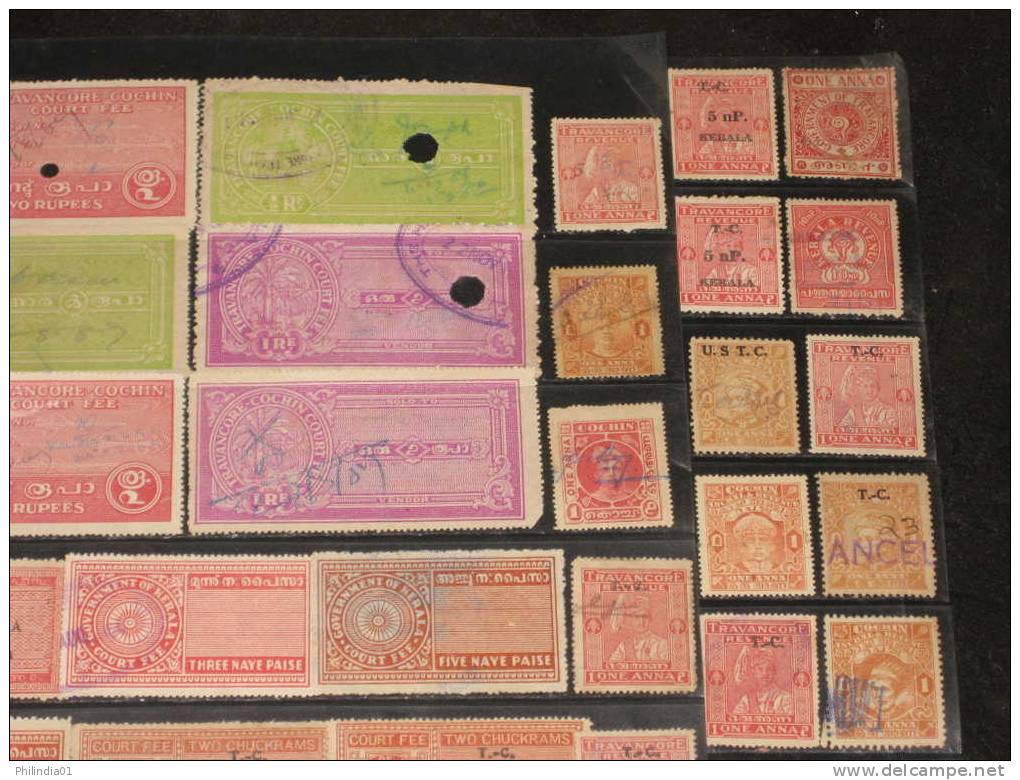 India Fiscal 94 Different Cochin Travancore Kerala State Court Fee & Revenue Stamps Diff Perforation Shade Inde Indien - Cochin