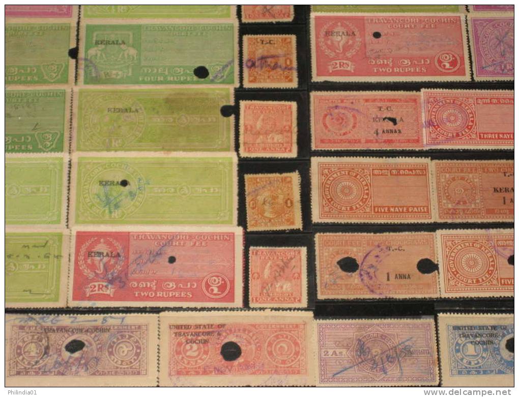 India Fiscal 94 Different Cochin Travancore Kerala State Court Fee & Revenue Stamps Diff Perforation Shade Inde Indien