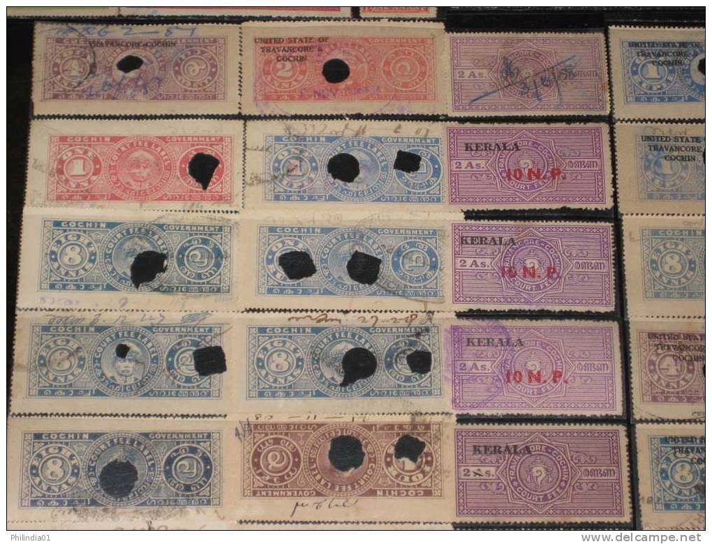 India Fiscal 94 Different Cochin Travancore Kerala State Court Fee & Revenue Stamps Diff Perforation Shade Inde Indien