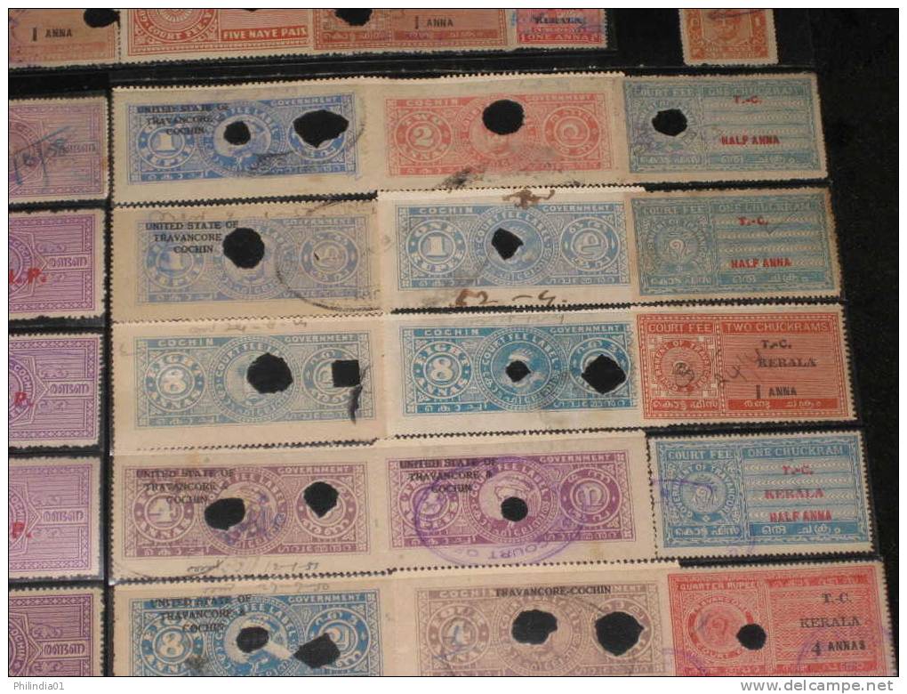 India Fiscal 94 Different Cochin Travancore Kerala State Court Fee & Revenue Stamps Diff Perforation Shade Inde Indien