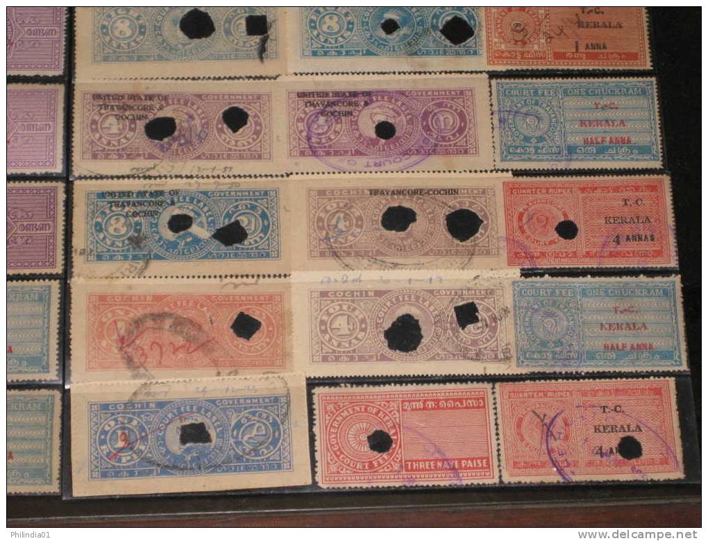 India Fiscal 94 Different Cochin Travancore Kerala State Court Fee & Revenue Stamps Diff Perforation Shade Inde Indien