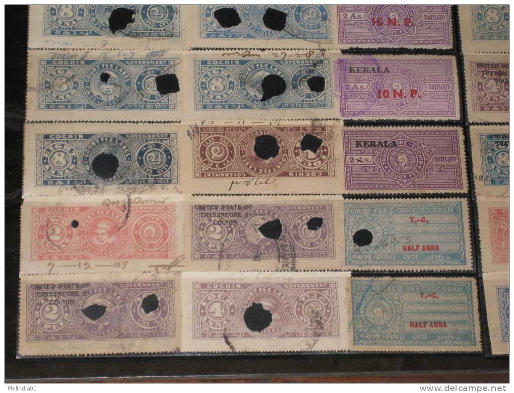 India Fiscal 94 Different Cochin Travancore Kerala State Court Fee & Revenue Stamps Diff Perforation Shade Inde Indien