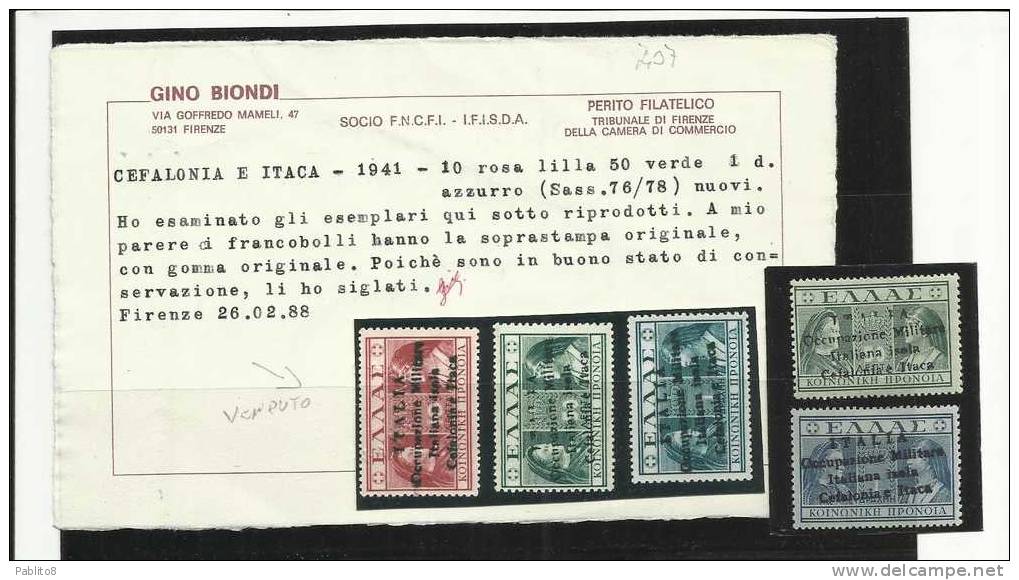 CEFALONIA  E ITACA 1941 PREVIDENZA SOCIALE LEPTA 50 L - DRACMA 1 D MH CERTIFICATO - Cefalonia & Itaca