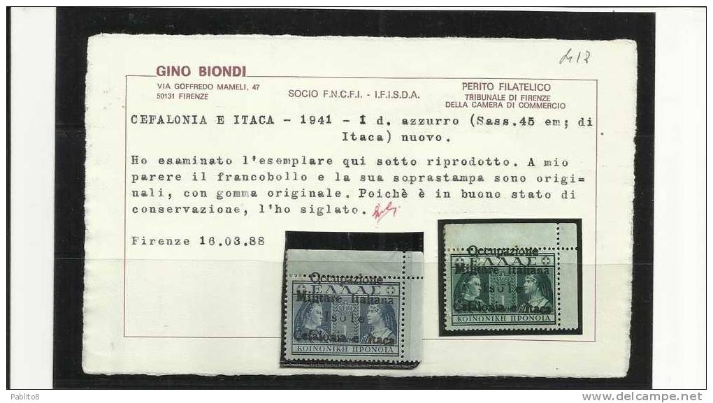 ITACA ITHACA 1941 PREVIDENZA SOCIALE 1 D DRACMA DRX 1D MLH CERTIFICATO - Cefalonia & Itaca