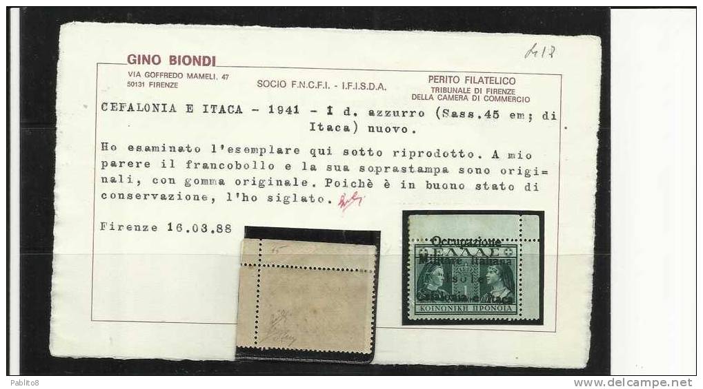 ITACA ITHACA 1941 PREVIDENZA SOCIALE 1 D DRACMA DRX 1D MLH CERTIFICATO - Cefalonia & Itaca