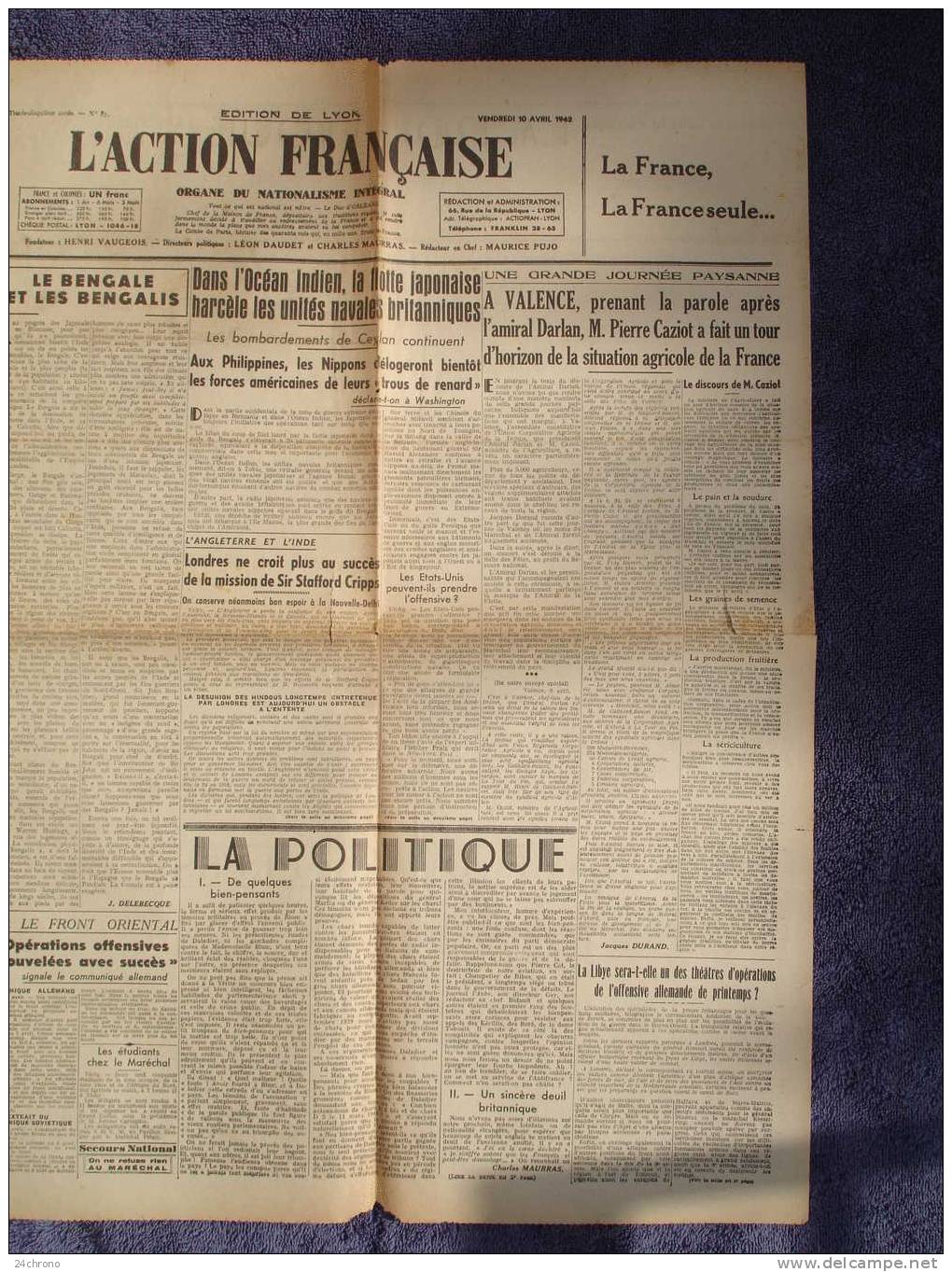 Journal L´ Action Française, 10 Avril 1942, Dans L´ Ocean Indien, La Flotte Japonaise Harcele Les Unites Britanniques - Français