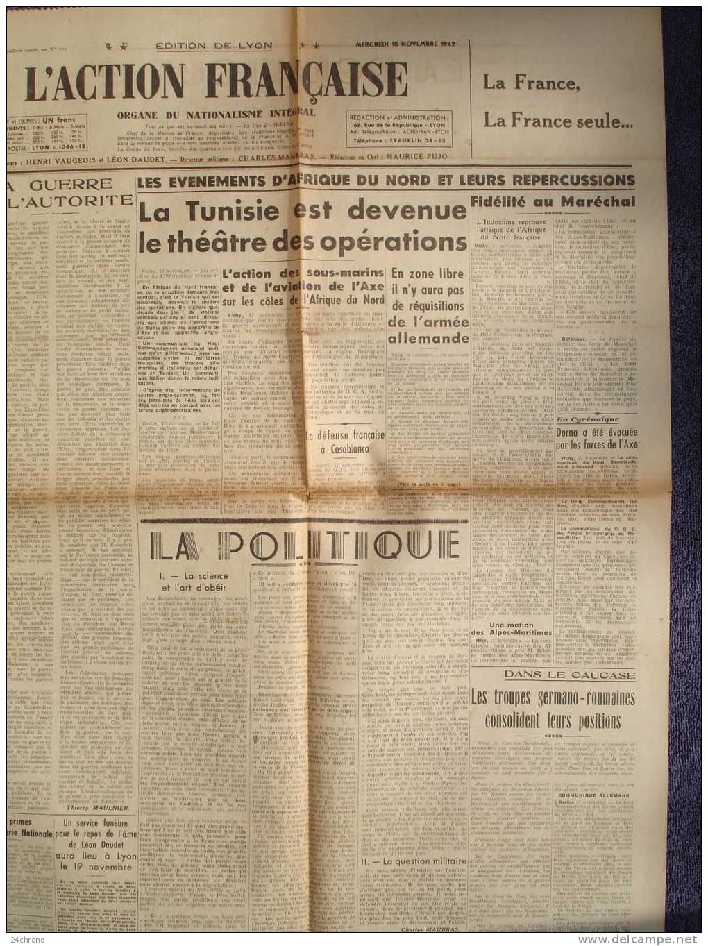 Journal L´ Action Française, 18 Novembre 1942, La Tunisie Est Devenue Le Theatre Des Operations, Afrique Du Nord, Petain - Français