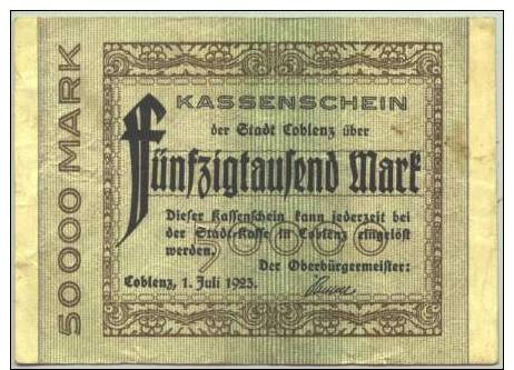 (1018324) 50.000,00 Mark, Coblenz, 1. Juli 1923 # Koblenz, Notgeld, Inflation, Geldschein - [11] Emissioni Locali