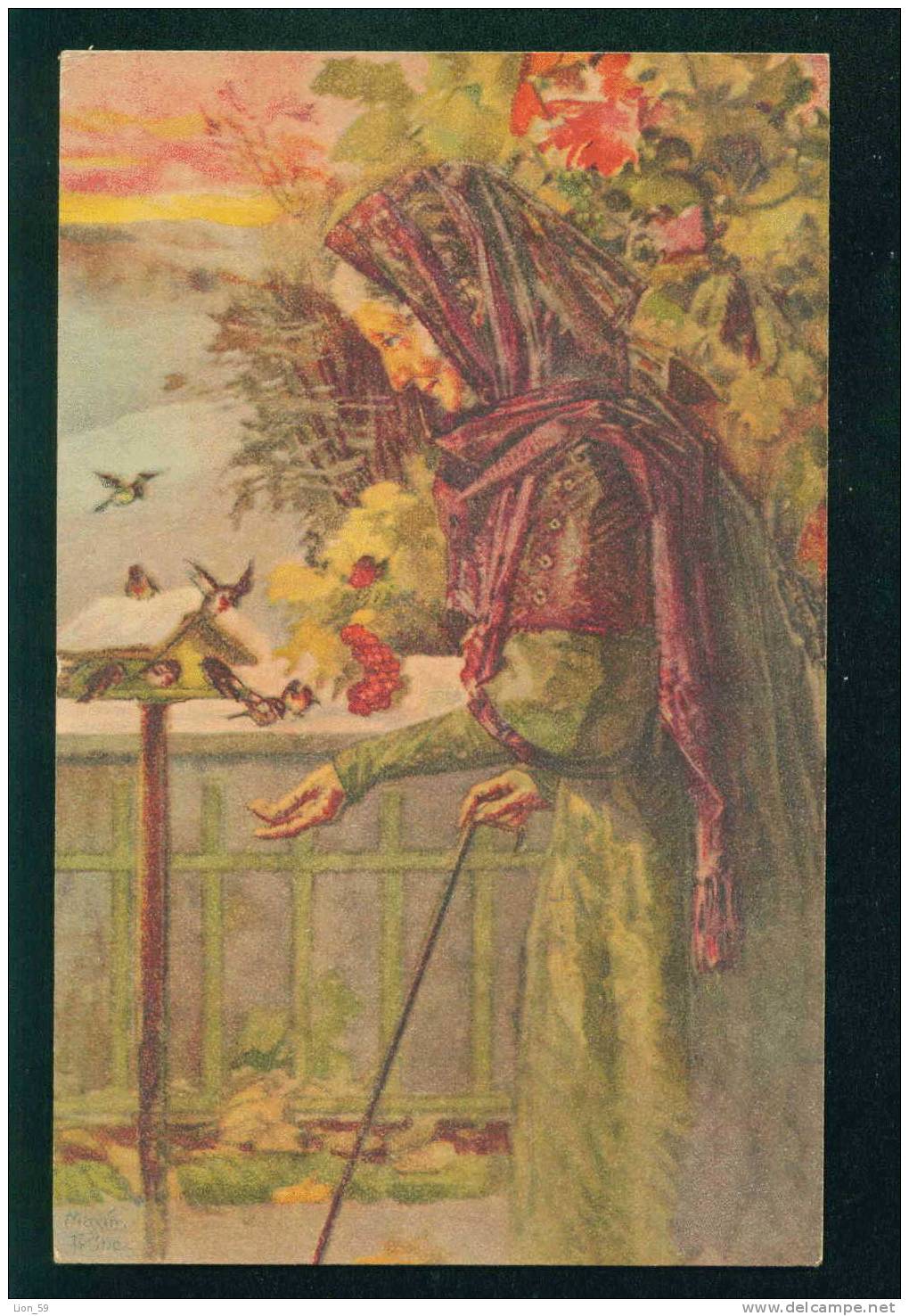 31877 Illustrator Maxim TRUEBE - OLD WOMAN FOOD Sparrows Pc WENAU PASTEL Series 1140 - Truebe, Maxim