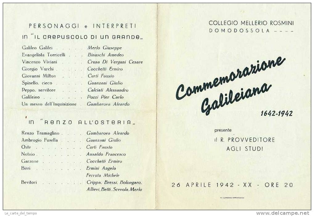 COLLEGIO MELLERIO ROSMINI DOMODOSSOLA. COMMEMORAZIONE GALILEIANA 1642-1942. 26 APRILE 1942. - Autres & Non Classés