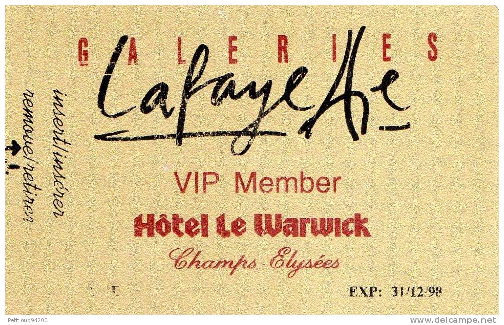 CLE D'HOTEL  HOTEL LE WARWICK Champs-Elysées GALERIES LAFAYETTE Paris - Hotelzugangskarten