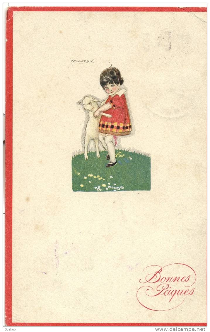 Illustr. Mauzan - Bonnes Paques - Fille Avec Mouton - Kind En Schaap - 1921 - Mauzan, L.A.