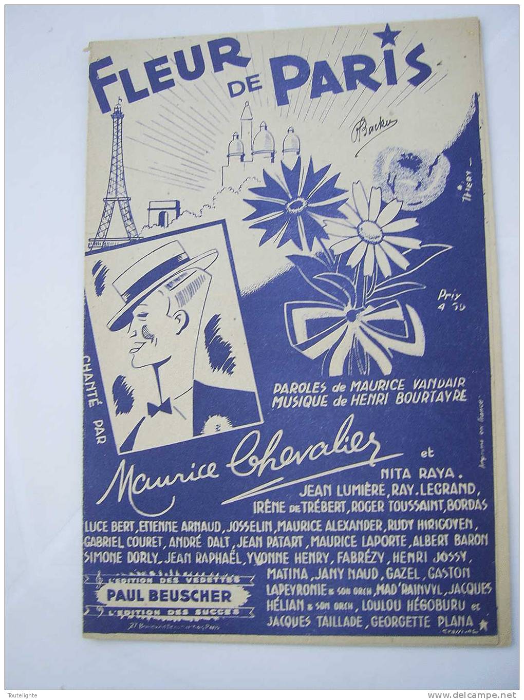 1 Partition    FLEUR  DE  PARIS    Chanté  Par  Maurice  CHEVALIER - Partitions Musicales Anciennes