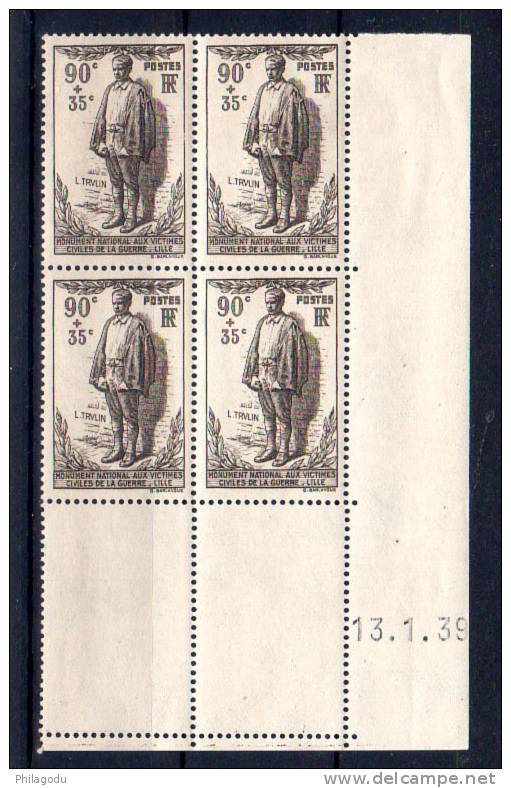 420**, Monuments Aux Victimes De Guerre (Trullin), Coin Daté 13-1-1939, Cote 100 €, - 1930-1939