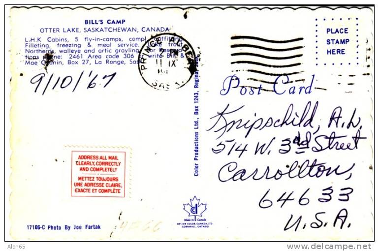 Otter Lake Sask. Canada, Bill's Camp Cabins Lodging, Trailer Auto On C1960s Vintage Postcard - Altri & Non Classificati