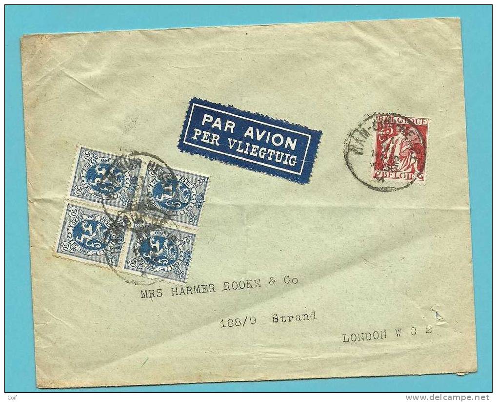 285+339 Op Brief Per Luchtpost (par Avion) Met Stempel HAM-SUR-HEURE  Naar LONDON (G.B.) - 1932 Cérès Et Mercure