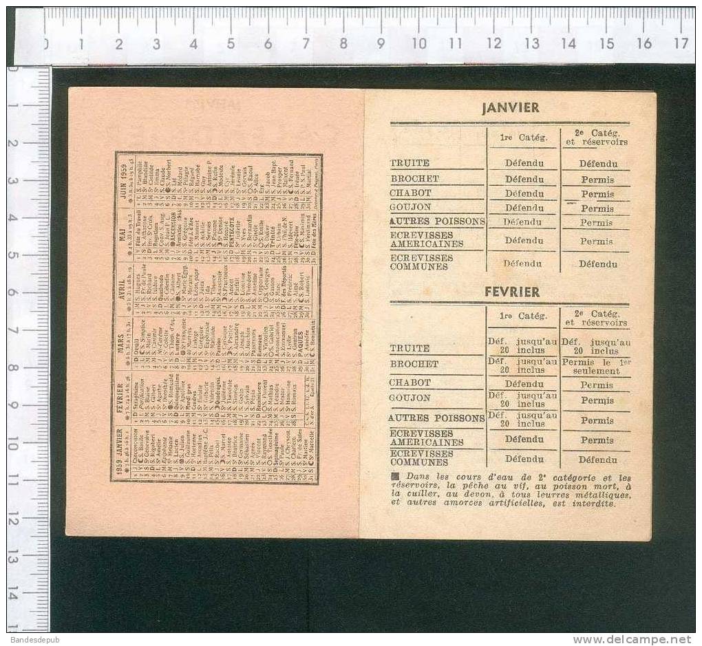 Calendrier De La Pêche En Haute Marne Truite Brochet écrevisse Chabot Goujon 1959 - Formato Piccolo : 1941-60