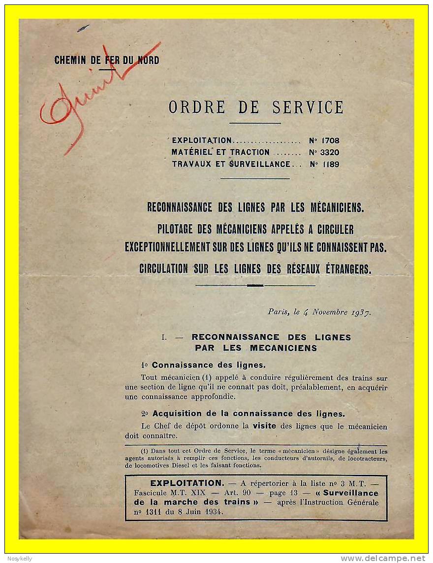 1932  -  Chemin De Fer Du Nord  -  Ordre De Service  -  Ligne De Creil à Lille - Chemin De Fer & Tramway