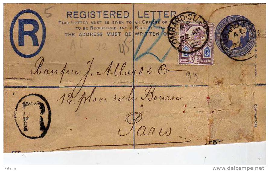 Carta, Entero Postal, Certificada LOMBARD 1902,Inglaterra,  Perfin, Perforado, M B, Cover, Letter - Brieven En Documenten