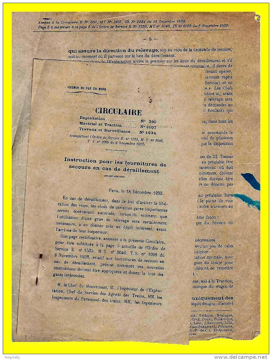 1933  -  Chemin De Fer Du Nord  -  Circulaire  -  Fournitures De Secours - Ferrovie & Tranvie