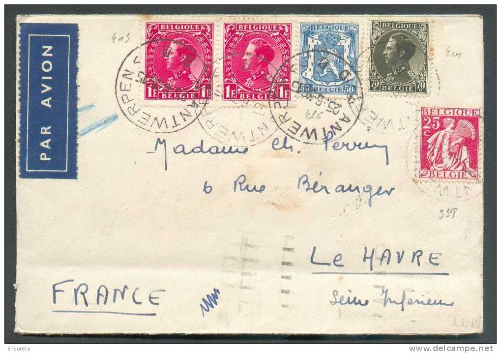 N°339-401-403(paire)-426 Obl. Sc ANTWERPEN S/L. Par Avion Du 25-6-1935 Vers Le Havre (Fr.) - 6761 - 1932 Ceres En Mercurius