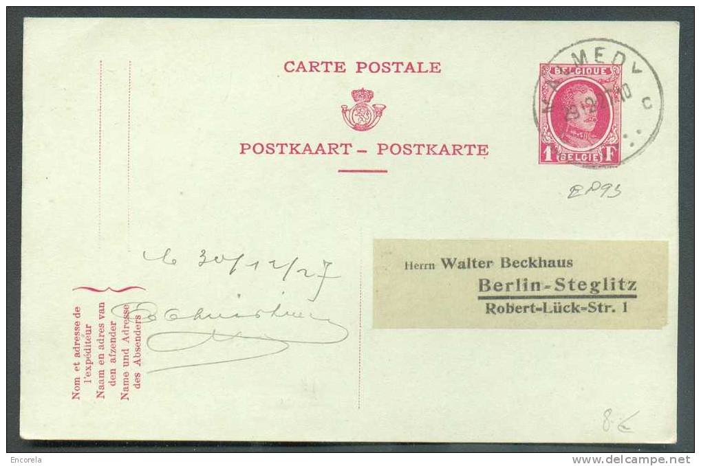 EP Carte N°93 Obl; Sc MALMEDY 29-12-1927 Vers Berlin - 6769 - Cartes Postales 1909-1934