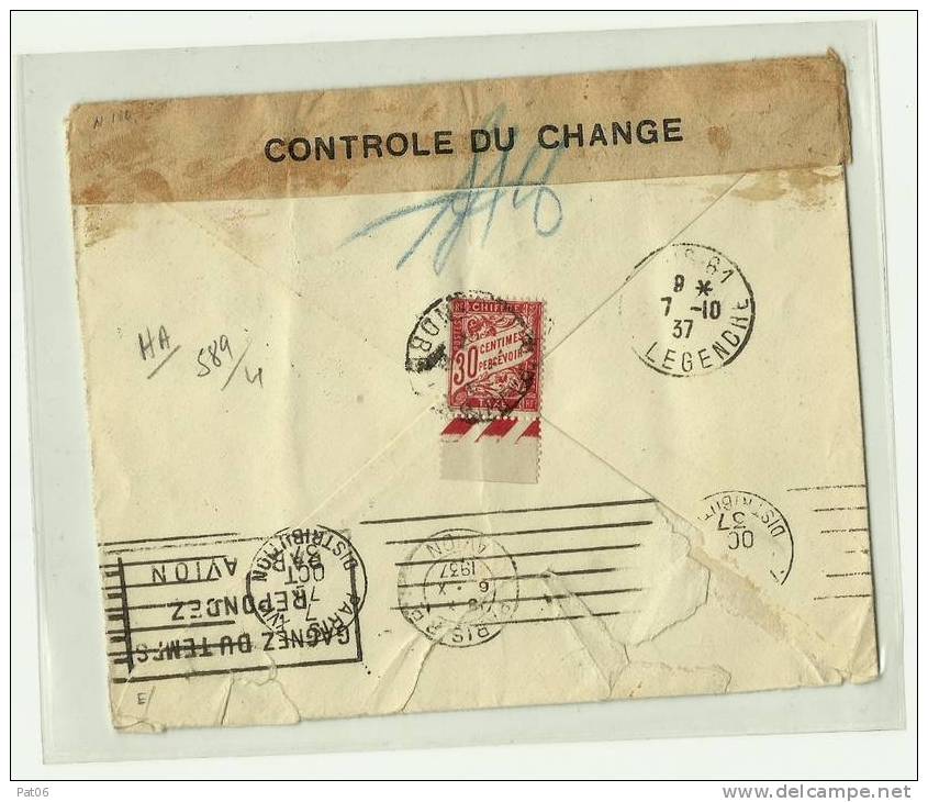 GRECE  POSTE AR - CONTROLE DU CHANGE TAXE - FRANCE 1937 - Cartas & Documentos