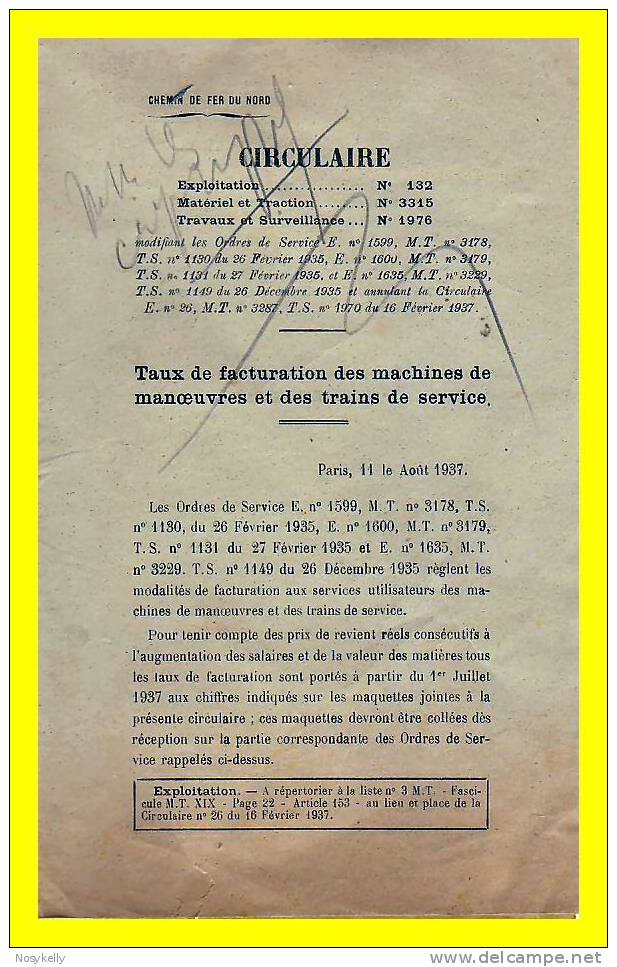 1937  -  Chemin De Fer Du Nord  -  Circulaire  -  Taux De Facturation - Ferrovie & Tranvie