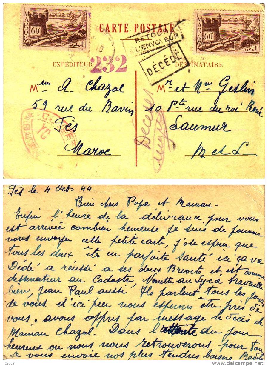 Carte Postale Du Maroc De Octobre 1944 Pour Saumur Avec Griffe: Décédé - Guerre De 1939-45