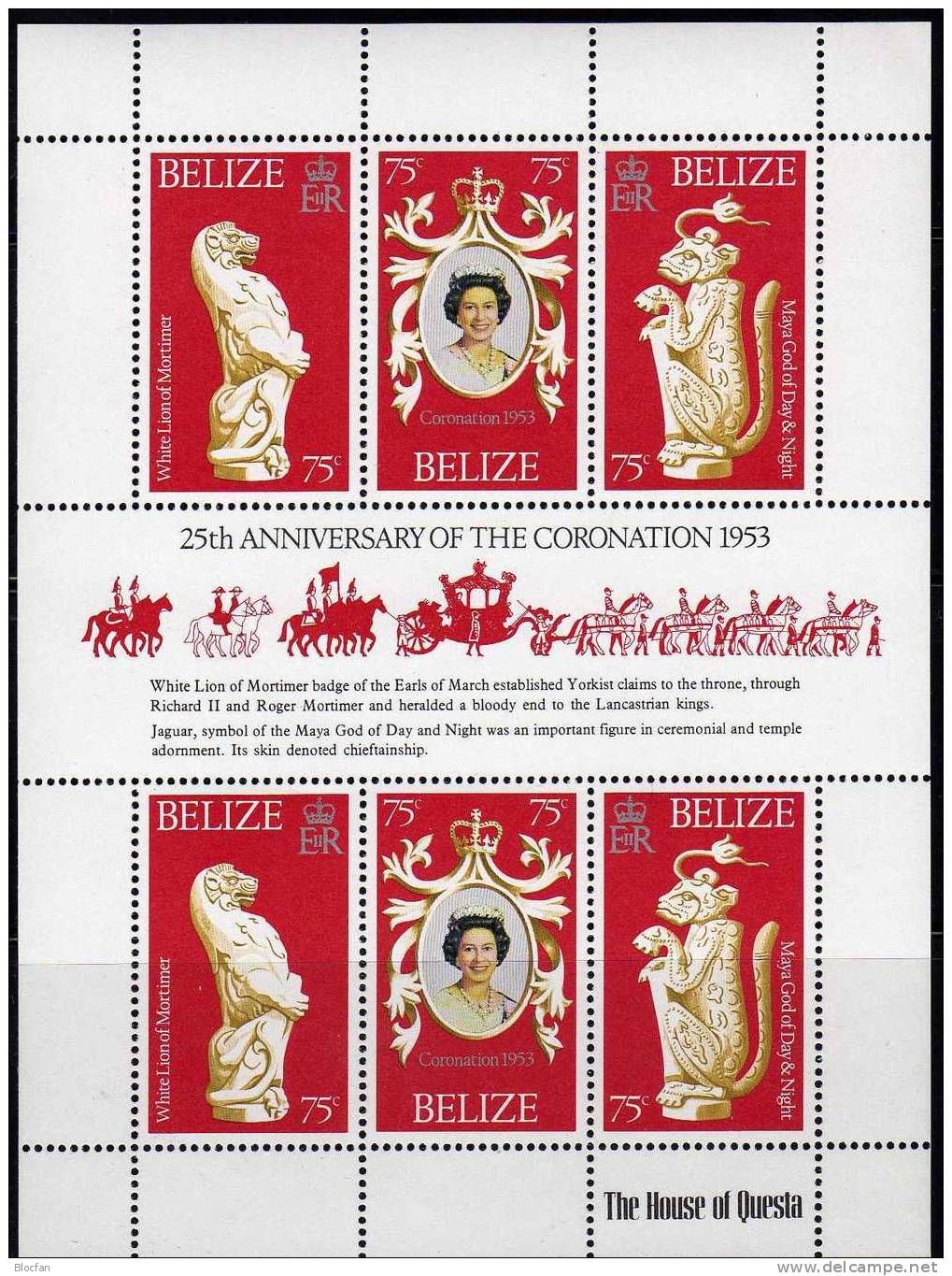 25 Jahre Krönung Elisabeth II. 1978 Belize 381/3 Kleinbogen ** 2€ Wappen Weißer Löwe Jaguar Sheetlet From America - Belize (1973-...)