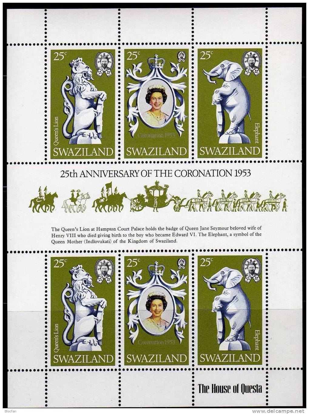 25 Jahre Krönung Elisabeth II. 1978 Swaziland 293/5 Kleinbogen ** 2€ Wappen Weißer Löwe Elefant Sheetlet From Africa - Swaziland (1968-...)