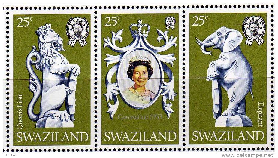25 Jahre Krönung Elisabeth II. 1978 Swaziland 293/5 Kleinbogen ** 2€ Wappen Weißer Löwe Elefant Sheetlet From Africa - Swaziland (1968-...)