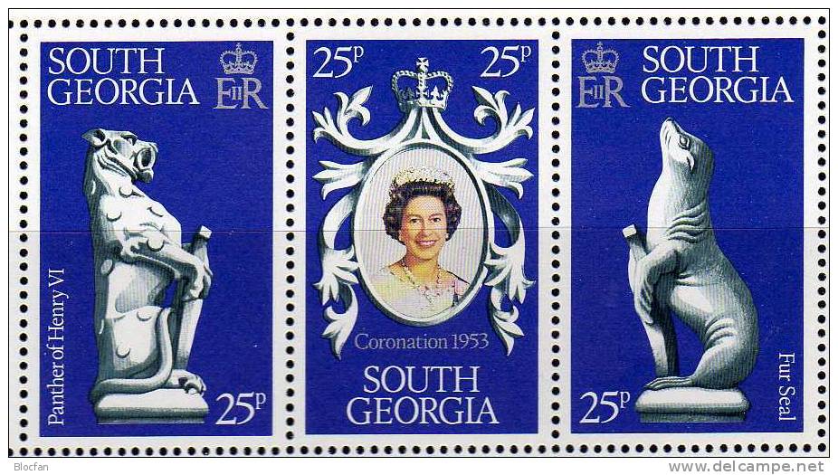 25 Jahre Krönung Elisabeth II. 1978 Süd-Georgien 272/4 Kleinbogen ** 6€ Wappen Weiße Panther Robbe Sheetlet From America - Georgia Del Sud