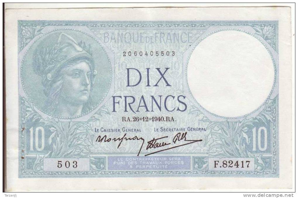 10 Francs Minerve Du 28=12=1940 TTB - 10 F 1916-1942 ''Minerve''