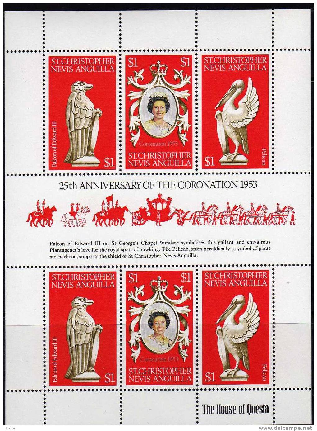 25 Jahre Krönung Elisabeth II. 1978 Nevis Anguilla 347/9 Kleinbogen ** 3€ Wappen Falke Pelikan Sheetlet From America - Anguilla (1968-...)