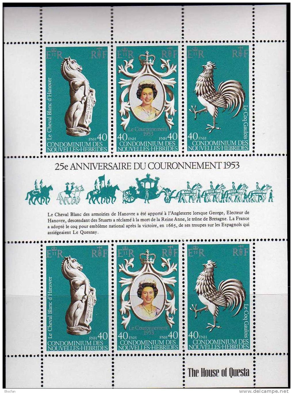 25 Jahre Krönung Elisabeth II. 1978 Neue Hebriden 516/8 Kleinbogen ** 10€ Wappen Weiße Pferd Hahn Sheetlet Oceanien - Unused Stamps